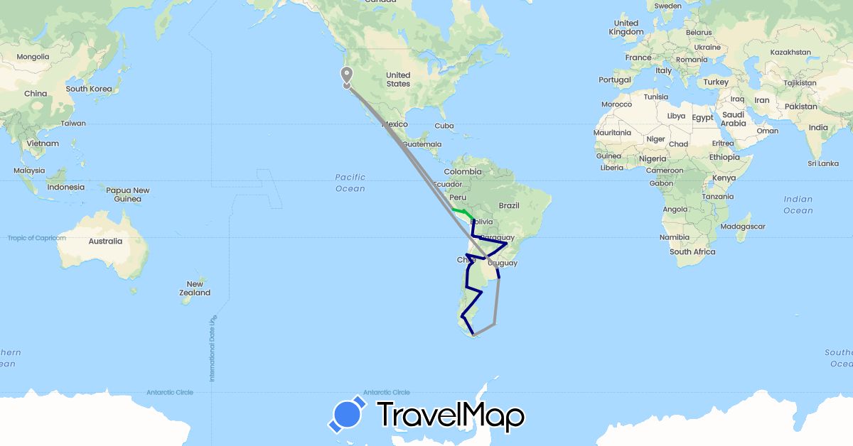 TravelMap itinerary: driving, bus, plane in Argentina, Bolivia, Chile, Falkland Islands, Peru, United States (North America, South America)